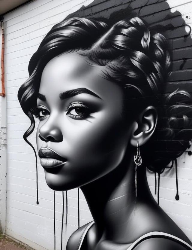 
Create a striking black and white graffiti artwork on a wall, portraying a 19-year-old girl from South Africa with dark skin and short, tightly curled hair, with a close-up of her face. Intricately capture details using the black and white graffiti style on the wall. Draw inspiration from the wall art of Faith47, the graffiti works of DALeast, and the wall graffiti technique of Karabo Poppy. Craft a superior graffiti artwork that seamlessly blends these influences into an outstanding portrayal.

