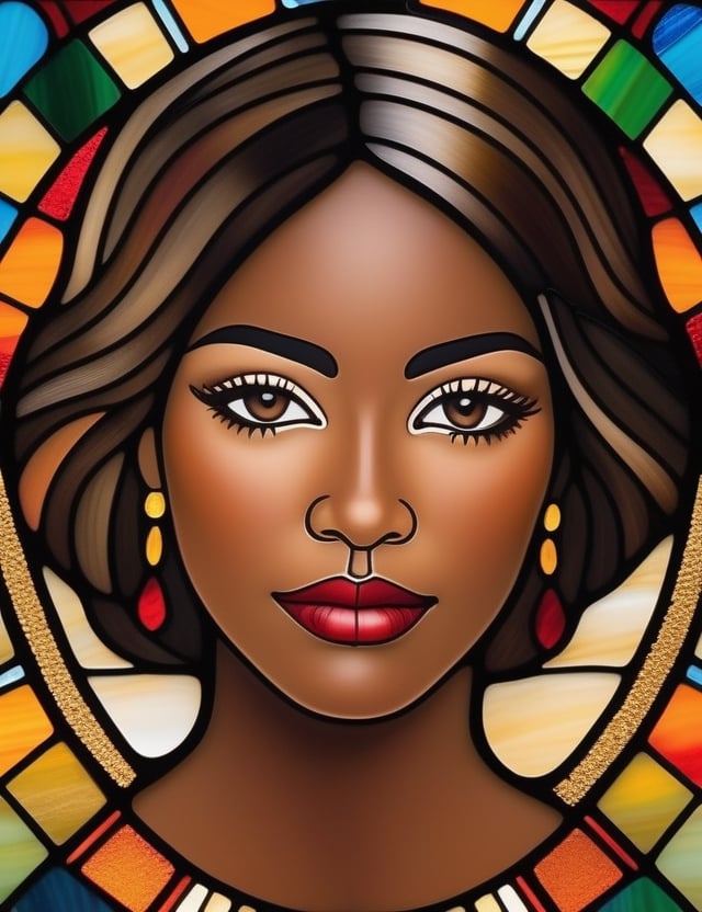 Craft an intricate stained glass artwork portraying a 20-year-old Mexican woman with dark skin and short, straight hair. The focus is on a close-up of her face. Use the vibrant colors and delicate lines typical of stained glass to intricately capture every detail. Create a superior stained glass piece that elegantly showcases the unique features of her appearance.

