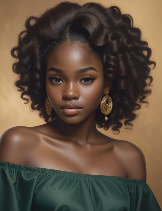 Create a stunning realistic artwork portraying a 15-year-old Nigerian girl. Pay meticulous attention to detail, capturing the deep black skin tone and her tightly coiled, well-separated, and free-flowing curls. The composition should be a close-up of her face, emphasizing the unique texture of her hair and the rich features of her complexion. Employ a realistic style to convey the subtleties of her expression, ensuring a lifelike and expressive representation.

