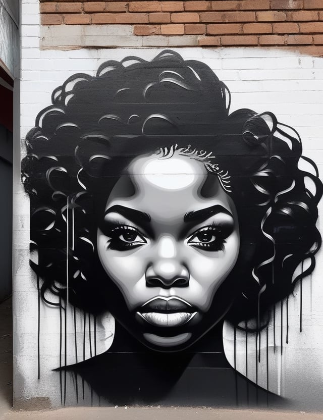 
Create a striking black and white graffiti artwork on a wall, portraying a 19-year-old girl from South Africa with dark skin and short, tightly curled hair, with a close-up of her face. Intricately capture details using the black and white graffiti style on the wall. Draw inspiration from the wall art of Faith47, the graffiti works of DALeast, and the wall graffiti technique of Karabo Poppy. Craft a superior graffiti artwork that seamlessly blends these influences into an outstanding portrayal.

