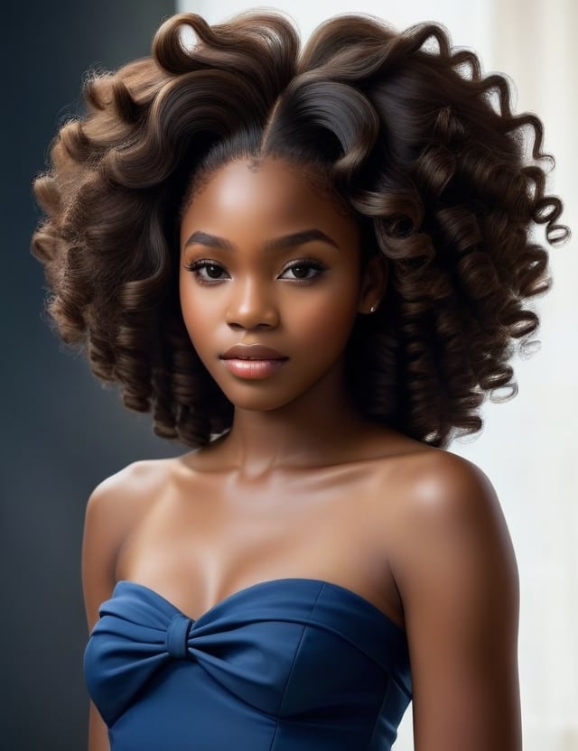 Create a stunning realistic artwork portraying a 15-year-old Nigerian girl. Pay meticulous attention to detail, capturing the deep black skin tone and her tightly coiled, well-separated, and free-flowing curls. The composition should be a close-up of her face, emphasizing the unique texture of her hair and the rich features of her complexion. Employ a realistic style to convey the subtleties of her expression, ensuring a lifelike and expressive representation.

