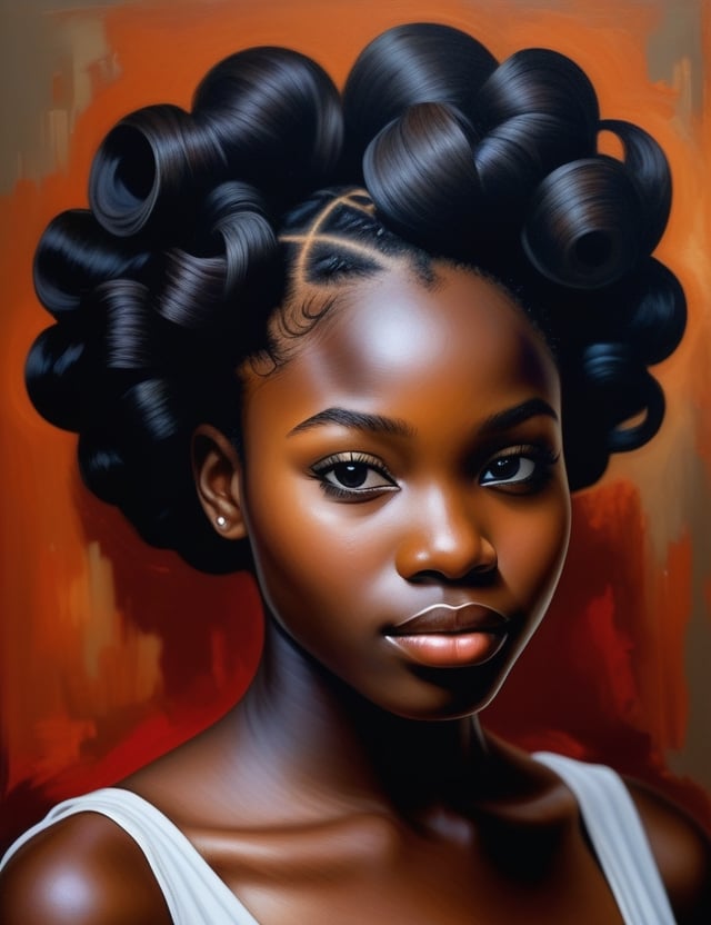 Create a stunning realistic artwork portraying a 15-year-old Nigerian girl. Pay meticulous attention to detail, capturing the deep black skin tone and her tightly coiled, well-separated, and free-flowing curls. The composition should be a close-up of her face, emphasizing the unique texture of her hair and the rich features of her complexion. Employ a realistic style to convey the subtleties of her expression, ensuring a lifelike and expressive representation.

