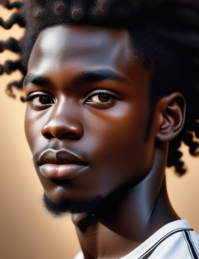 Create a highly detailed, realistic portrait of a 17-year-old African man with deep black skin, wavy and voluminous hair. The focus is a close-up of his face, capturing every intricate detail. Ensure the realism is top-notch, emphasizing the unique features that make his appearance distinctive.

