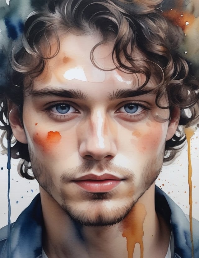 Create a mesmerizing watercolor artwork on canvas, portraying a 30-year-old man from Russia with fair skin and wavy, well-defined curls, with a close-up of his face. Intricately capture details using the watercolor medium on canvas. Draw inspiration from the watercolor works of Agnes Cecile, the watercolor paintings of Anna Armona, and the watercolor on canvas technique of Tilen Ti. Craft a superior watercolor artwork that seamlessly blends these influences into an outstanding portrayal.

