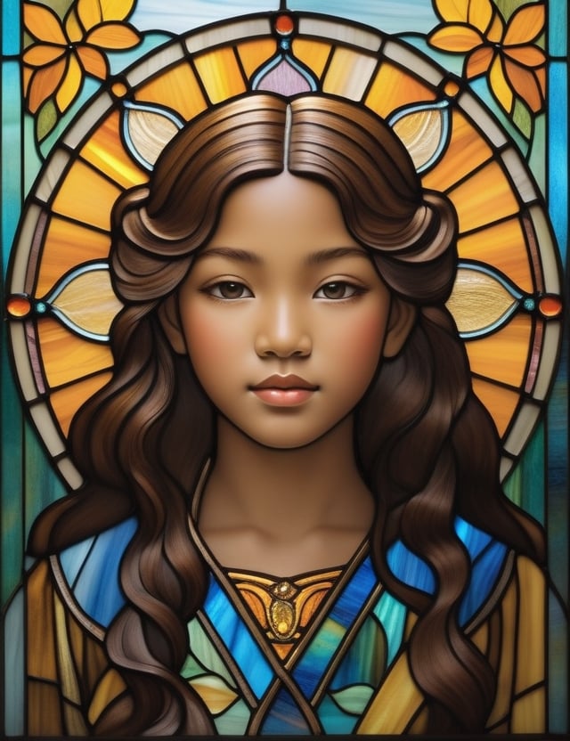 Create a captivating stained glass artwork portraying a 12-year-old girl of Oriental descent with caramel skin and tightly curled hair, with a close-up of her face. Intricately capture details using the stained glass medium, drawing inspiration from the stained glass art of Tiffany Studios, the stained glass windows of Louis Comfort Tiffany, and the stained glass technique of Japonisme. Craft a superior stained glass artwork that seamlessly blends these influences into an outstanding portrayal.

