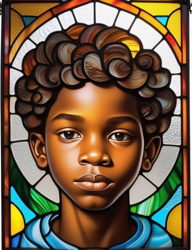 Create an intricate stained glass window artwork portraying a 15-year-old Nigerian boy with caramel skin and tightly curled, short hair. The focus is on a close-up of his face. Use the vibrant colors and delicate lines typical of stained glass to intricately capture every detail. Craft a superior stained glass piece that elegantly showcases the unique features of his appearance.

