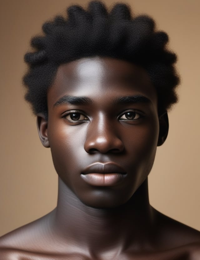 Create a highly detailed, realistic portrait of a 17-year-old African man with deep black skin, wavy and voluminous hair. The focus is a close-up of his face, capturing every intricate detail. Ensure the realism is top-notch, emphasizing the unique features that make his appearance distinctive.

