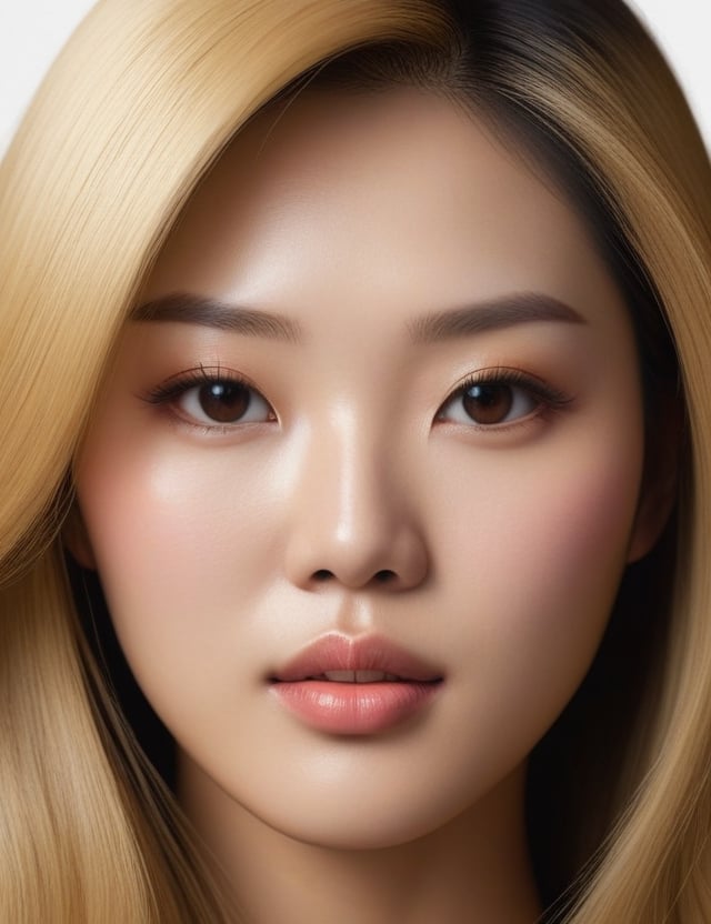 Create a captivating realistic artwork portraying a 20-year-old Asian girl. Pay meticulous attention to detail, capturing her fair skin tone and the sleek, closely-knit blonde hair. The composition should be a close-up of her face, emphasizing the unique texture of her straight hair and the delicate features of her complexion. Employ a realistic style to convey the subtleties of her expression, ensuring a lifelike and expressive representation.

