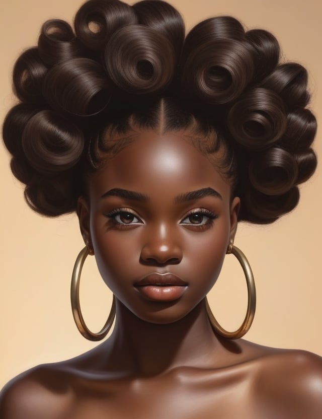 Create a stunning realistic artwork portraying a 15-year-old Nigerian girl. Pay meticulous attention to detail, capturing the deep black skin tone and her tightly coiled, well-separated, and free-flowing curls. The composition should be a close-up of her face, emphasizing the unique texture of her hair and the rich features of her complexion. Employ a realistic style to convey the subtleties of her expression, ensuring a lifelike and expressive representation.

