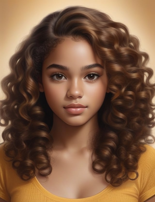 Create a captivating realistic artwork portraying a 16-year-old Brazilian girl. Pay meticulous attention to detail, capturing the caramel skin tone and her tightly coiled, closely-knit curls. The composition should be a close-up of her face, emphasizing the unique texture of her hair and the rich features of her complexion. Employ a realistic style to convey the subtleties of her expression, ensuring a lifelike and expressive representation.

