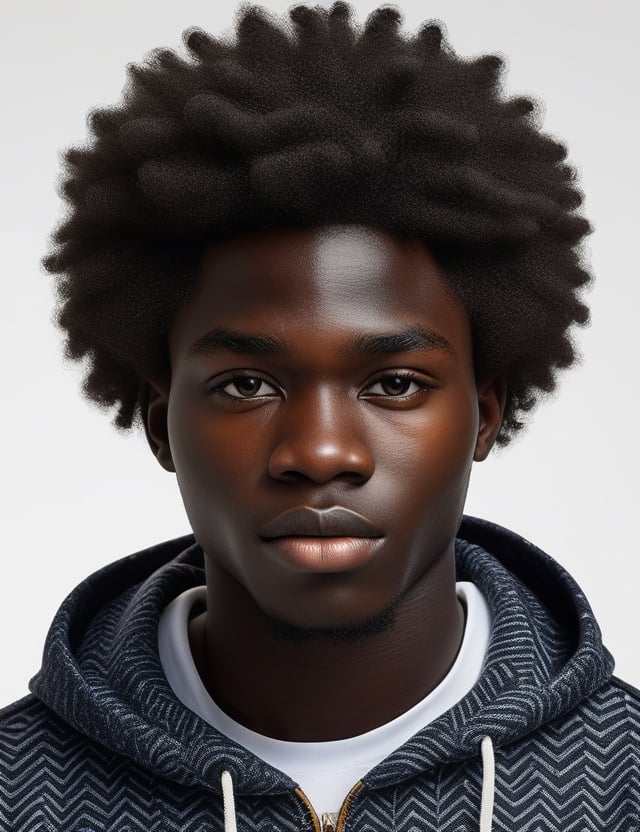 Create a highly detailed, realistic portrait of a 17-year-old African man with deep black skin, wavy and voluminous hair. The focus is a close-up of his face, capturing every intricate detail. Ensure the realism is top-notch, emphasizing the unique features that make his appearance distinctive.

