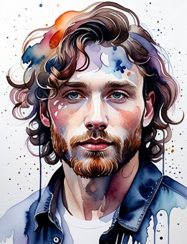 Create a mesmerizing watercolor artwork on canvas, portraying a 30-year-old man from Russia with fair skin and wavy, well-defined curls, with a close-up of his face. Intricately capture details using the watercolor medium on canvas. Draw inspiration from the watercolor works of Agnes Cecile, the watercolor paintings of Anna Armona, and the watercolor on canvas technique of Tilen Ti. Craft a superior watercolor artwork that seamlessly blends these influences into an outstanding portrayal.

