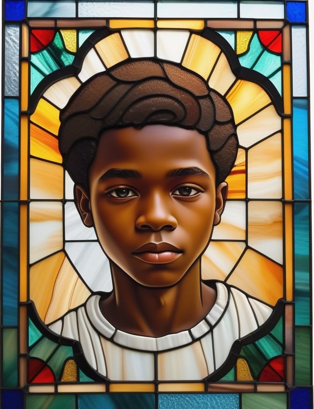 Create an intricate stained glass window artwork portraying a 15-year-old Nigerian boy with caramel skin and tightly curled, short hair. The focus is on a close-up of his face. Use the vibrant colors and delicate lines typical of stained glass to intricately capture every detail. Craft a superior stained glass piece that elegantly showcases the unique features of his appearance.

