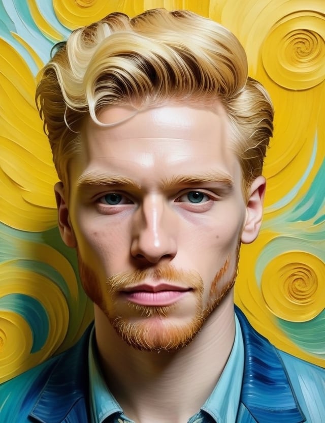 Create a captivating artwork in the style of Vincent van Gogh, portraying a 24-year-old man from Switzerland with fair skin and short, straight, blonde hair, with a close-up of his face. Intricately capture details using the van Gogh style, drawing inspiration from the works of Vincent van Gogh, the van Gogh-style paintings of Jean-Michel Basquiat, and the brushstroke technique of van Gogh by Henri Edmond Cross. Craft a superior van Gogh-style artwork that seamlessly blends these influences into an outstanding portrayal.

