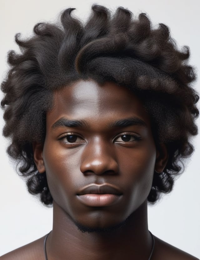 Create a highly detailed, realistic portrait of a 17-year-old African man with deep black skin, wavy and voluminous hair. The focus is a close-up of his face, capturing every intricate detail. Ensure the realism is top-notch, emphasizing the unique features that make his appearance distinctive.

