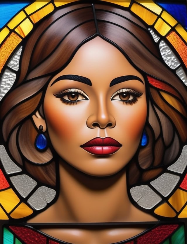 Craft an intricate stained glass artwork portraying a 20-year-old Mexican woman with dark skin and short, straight hair. The focus is on a close-up of her face. Use the vibrant colors and delicate lines typical of stained glass to intricately capture every detail. Create a superior stained glass piece that elegantly showcases the unique features of her appearance.

