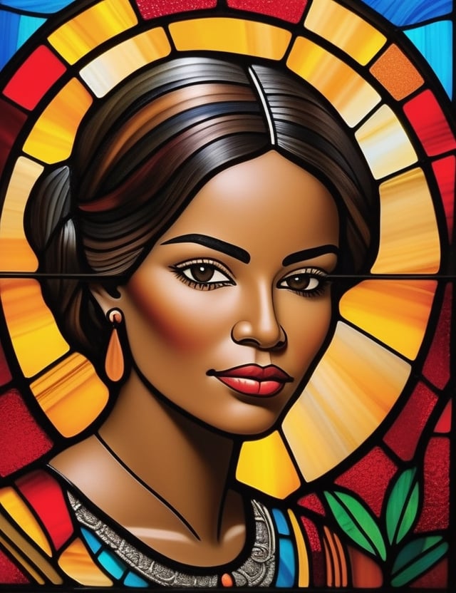 Craft an intricate stained glass artwork portraying a 20-year-old Mexican woman with dark skin and short, straight hair. The focus is on a close-up of her face. Use the vibrant colors and delicate lines typical of stained glass to intricately capture every detail. Create a superior stained glass piece that elegantly showcases the unique features of her appearance.

