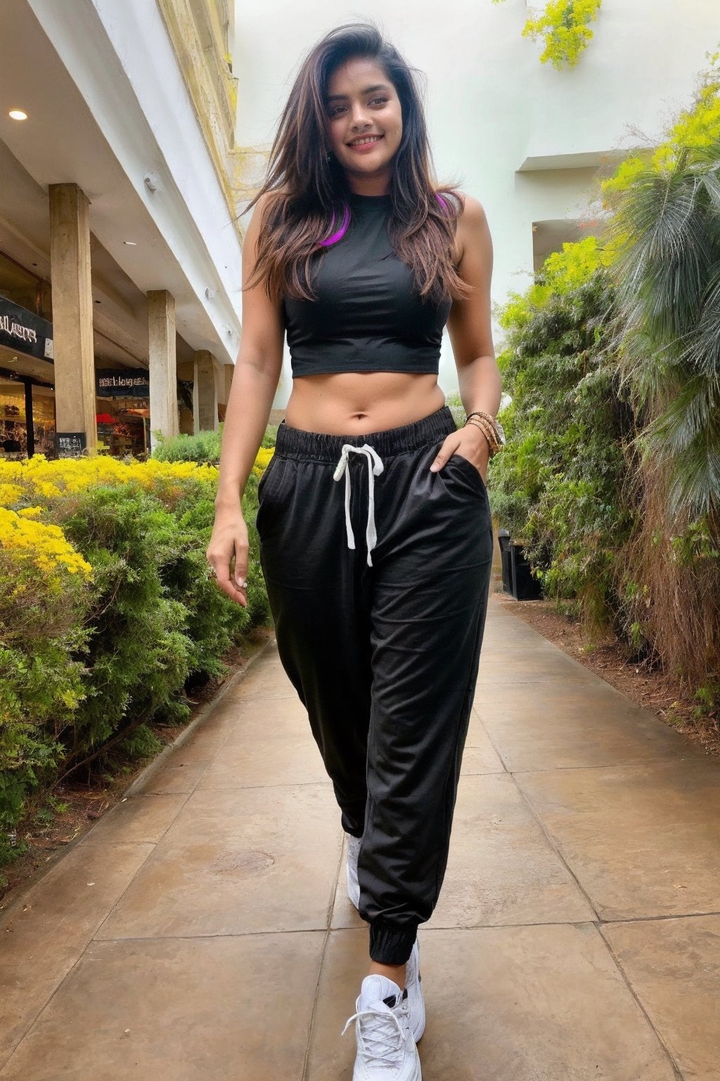 beautiful cute young attractive indian teenage girl, village girl, 18 years old, cute, Instagram model, long black hair, colorful hair, warm, dacing, shopping in a mall, black joggers and top ,indian