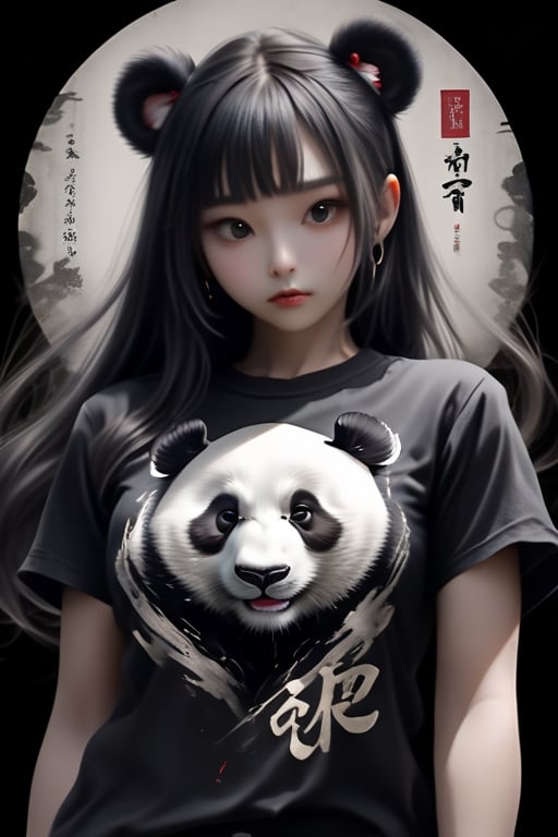 A beautifully drawn (((vintage t-shirt print))), featuring intricate ((retro-inspired typography)) encircling a (((sumi-e ink illustration))) depicting panda, integrating elements of Japanese calligraphy with black back ground ,MeganFox
,Leonardo Style