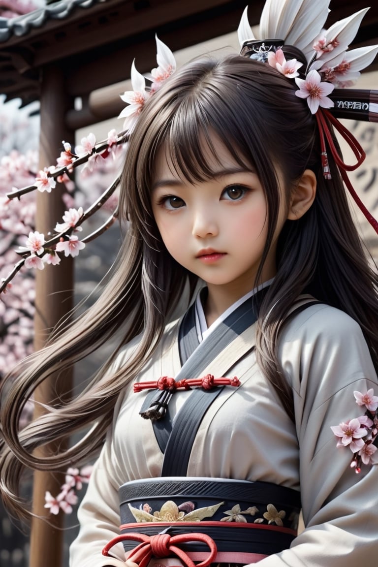 The 8-year-old girl standing in the center of the solemn shrine, the cute 8-year-old Japanese idol holding the M5cy7h3XL sickle, Sakura, photo_b00ster, Don, cute and beautiful face, detailed face, perfect face, perfect model figure, (((huge Complex, multi-layered, beautiful and detailed  blade,)))++, cute and weak The cold and rough (((blade))) forms a strong contrast)