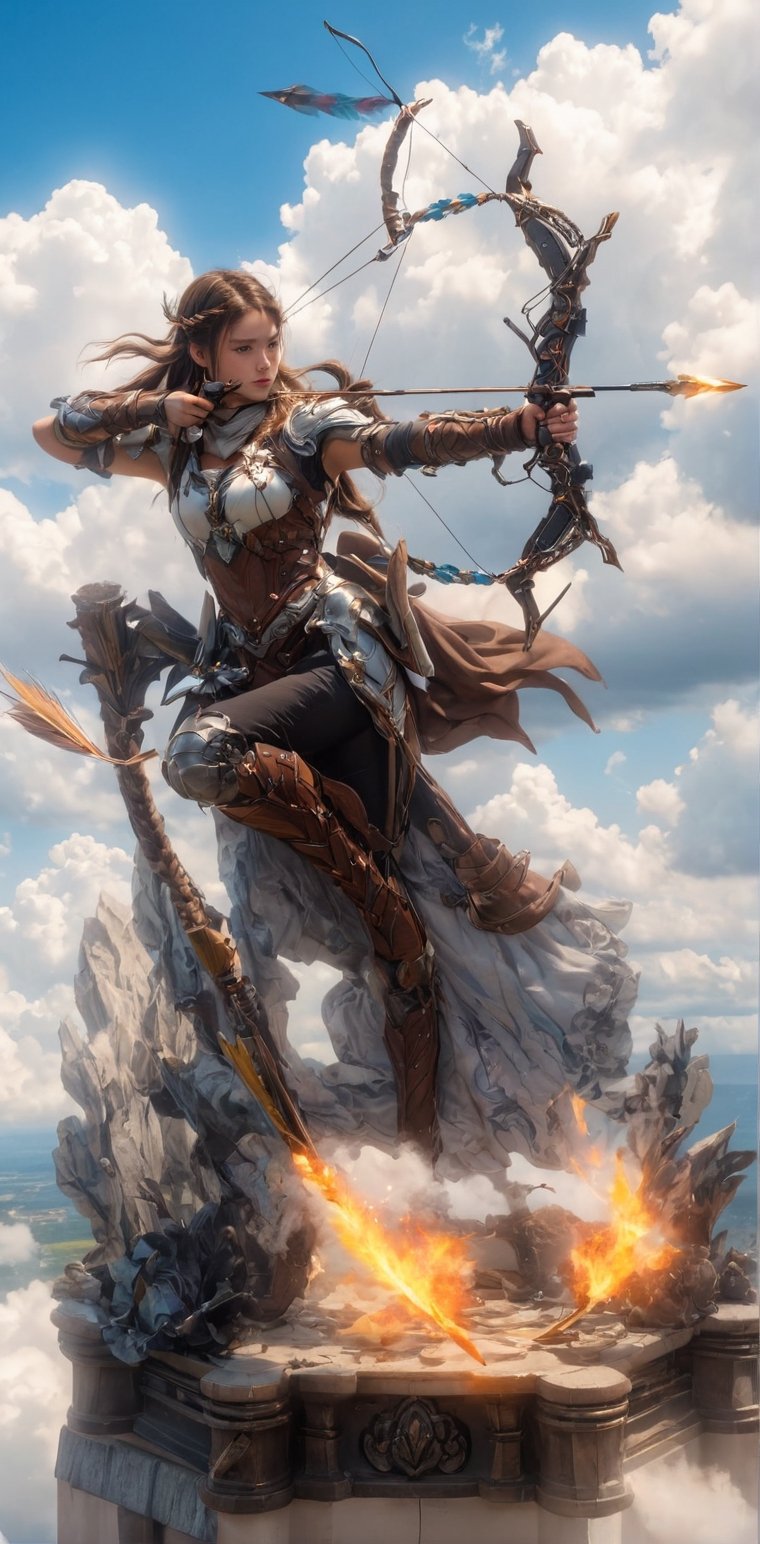 1girl, solo, long hair, brown hair, navel, holding, weapon, braid, outdoors, sky, midriff, cloud, holding weapon, armor, bow \(weapon\), arrow \(projectile\), holding bow \(weapon\), aiming, drawing bow