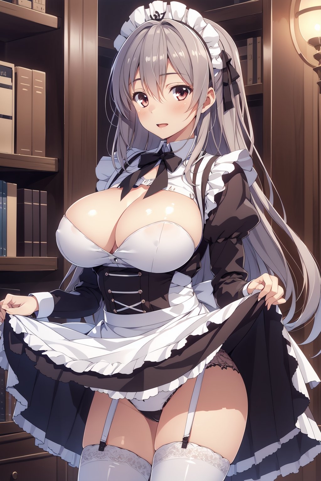 masterpiece, best detial,1girl, long hair, maid outfit, long sleeves, lift skirt,huge breasts