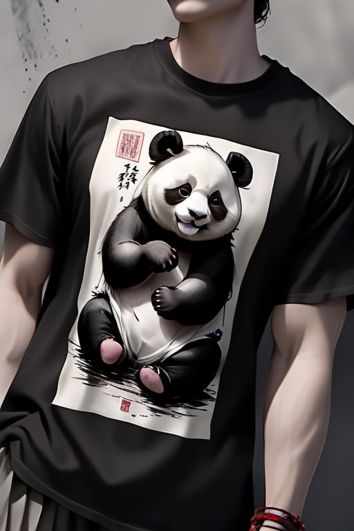 A beautifully drawn (((vintage t-shirt print))), featuring intricate ((retro-inspired typography)) encircling a (((sumi-e ink illustration))) depicting panda, integrating elements of Japanese calligraphy with black back ground ,MeganFox
,Leonardo Style