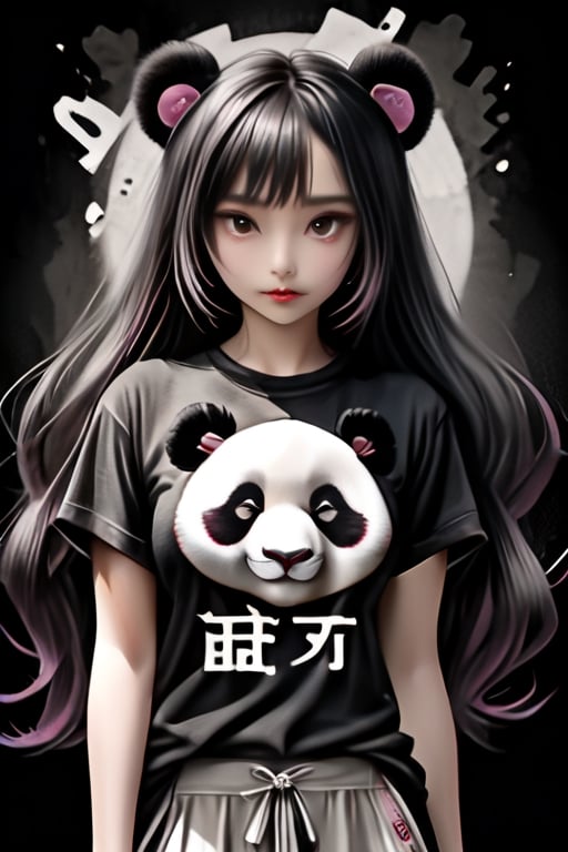 A beautifully drawn (((vintage t-shirt print))), featuring intricate ((retro-inspired typography)) encircling a (((sumi-e ink illustration))) depicting panda, integrating elements of Japanese calligraphy with black back ground ,MeganFox
,Leonardo Style