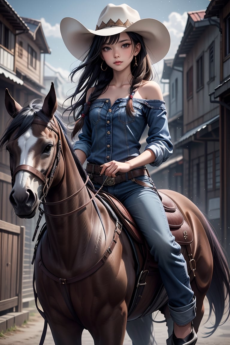 1girl, solo, long hair, breasts, shirt, black hair, hat, braid, pants, off shoulder, denim, jeans, riding, tied shirt, horse, cowboy hat, arctic foxback riding, cowboy western, saddle