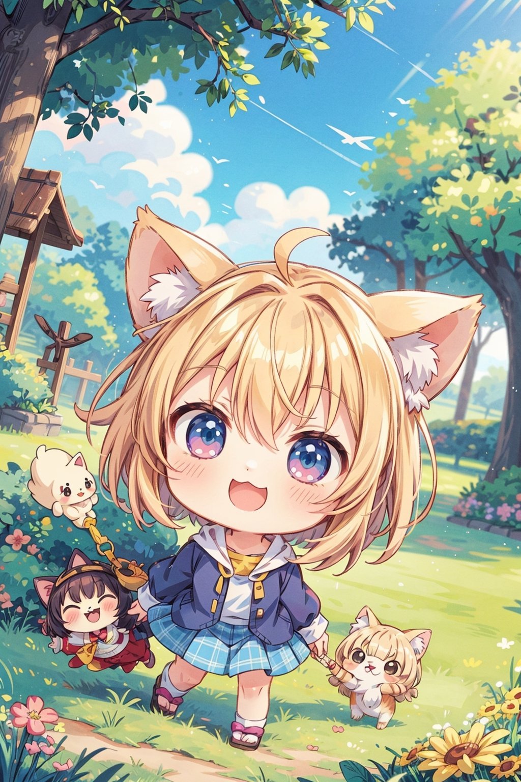 ((anime chibi style)), cute looking kitten with adorable eyes in the park, dynamic angle, depth of field