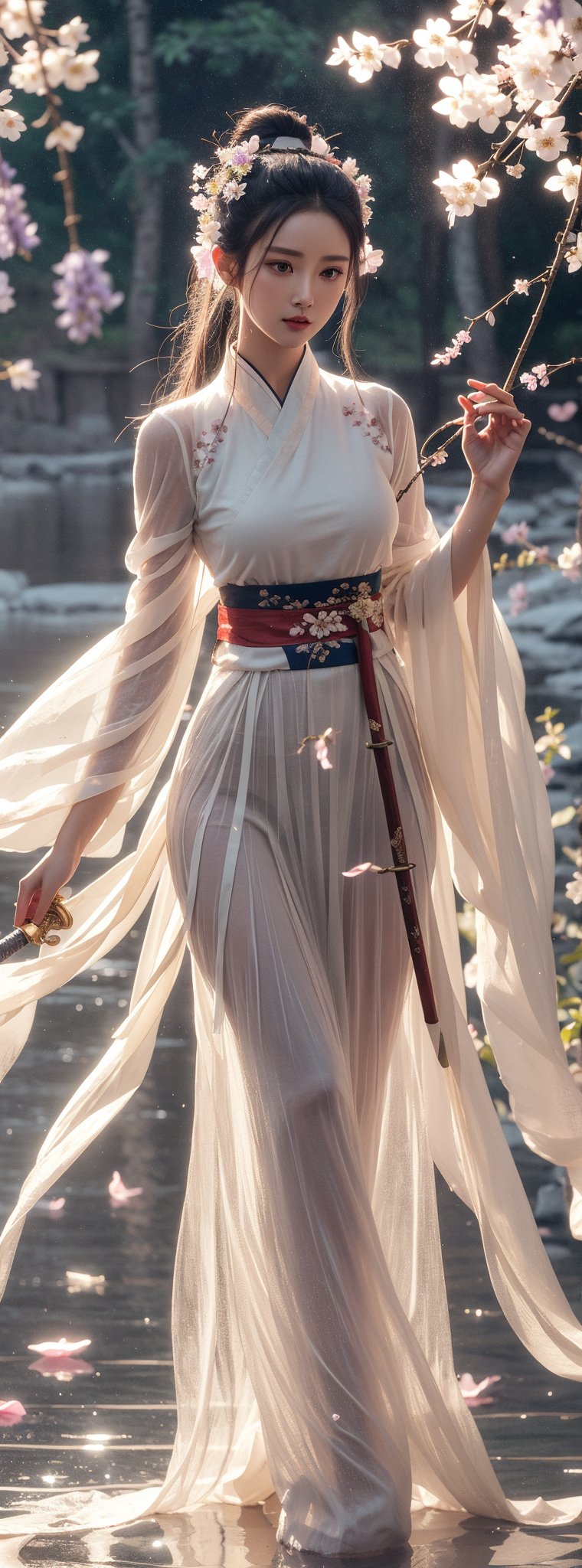 1girl, solo, long hair, looking at viewer, white hair, hair ornament, natural oversize breasts, long sleeves, sheer dress, holding, weapon, flower, sword, wide sleeves, water, hair bun, holding weapon, sash, petals, holding sword, chinese clothes, single hair bun, falling petals, hanfu, wisteria,Fairy in Clouds