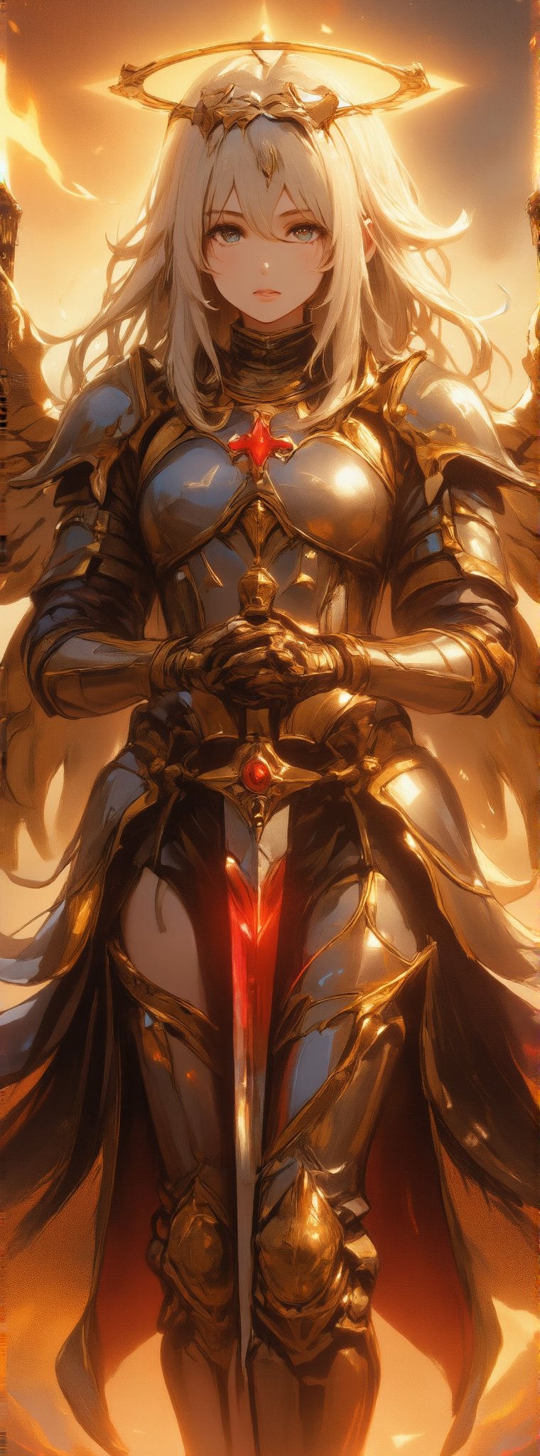 Score_9, score_8_up, score_7_up, In this cinematic masterpiece, a majestic female angelic inquisitor stands tall, her platinum locks cascading down like a river of gold. Her piercing eyes seem to bore into the soul as she clutches a holy sword. Above her head, a radiant halo shines bright, while golden wings spread wide, their delicate feathers glinting in the flickering flames that engulf the distant castle. The red cross on her armor stands out against the fiery backdrop, its intricate details rendered with precision. The metal armor appears to flash with an otherworldly intensity, as if infused with the very essence of the inferno. Ultra-high resolution and exquisite detail bring this fantasy world to life in a style reminiscent of movie special effects. Movie special effects style.