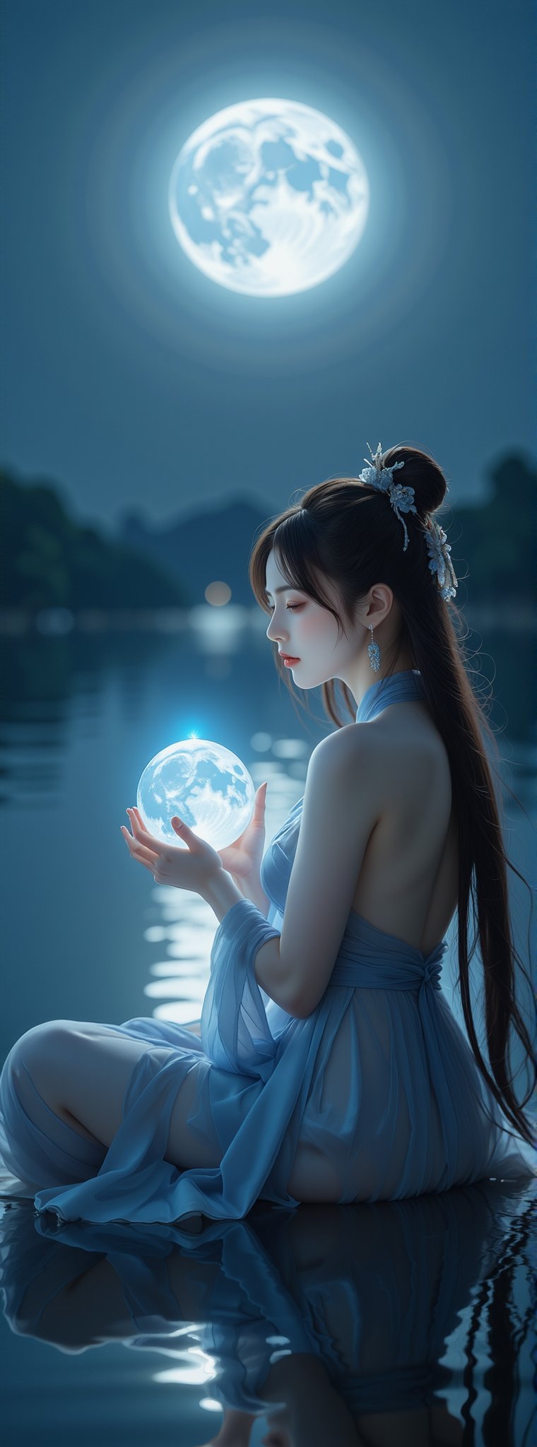 Score_9, score_8_up, score_7_up, Midnight Serenade: An ancient oriental beauty dressed in traditional Han attire is sitting by the quiet lake and thinking deeply, her long hair fluttering gently in the night wind. She holds the full moon that emits blue light in her hands, casting an ethereal light on her fair porcelain skin. The composition uses the majestic moon as the central focus, emphasizing its mystical nature. Movie special effects style.