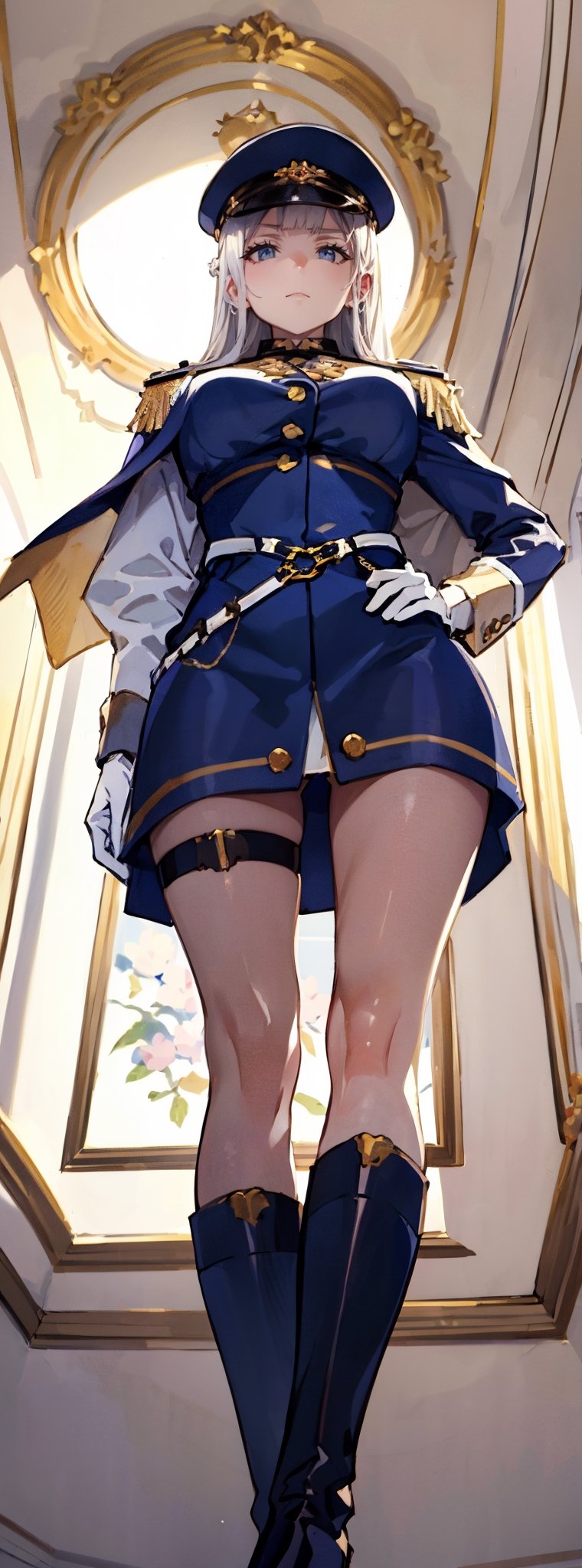 Realistic style, majestic and beautiful Taiwanese woman, noble and cold, with stern eyes, graceful figure, natural big breasts, perfect role play of the Imperial Navy Marshal, she wears a navy hat, elegant and neat navy marshal dress, white Wearing a shirt, suit, white gloves, golden epaulettes, a marshal's cape, and breeches and military boots, he stood coolly and elegantly in the lobby of the marshal's residence, with an oil painting in the background (from below: 1.4).