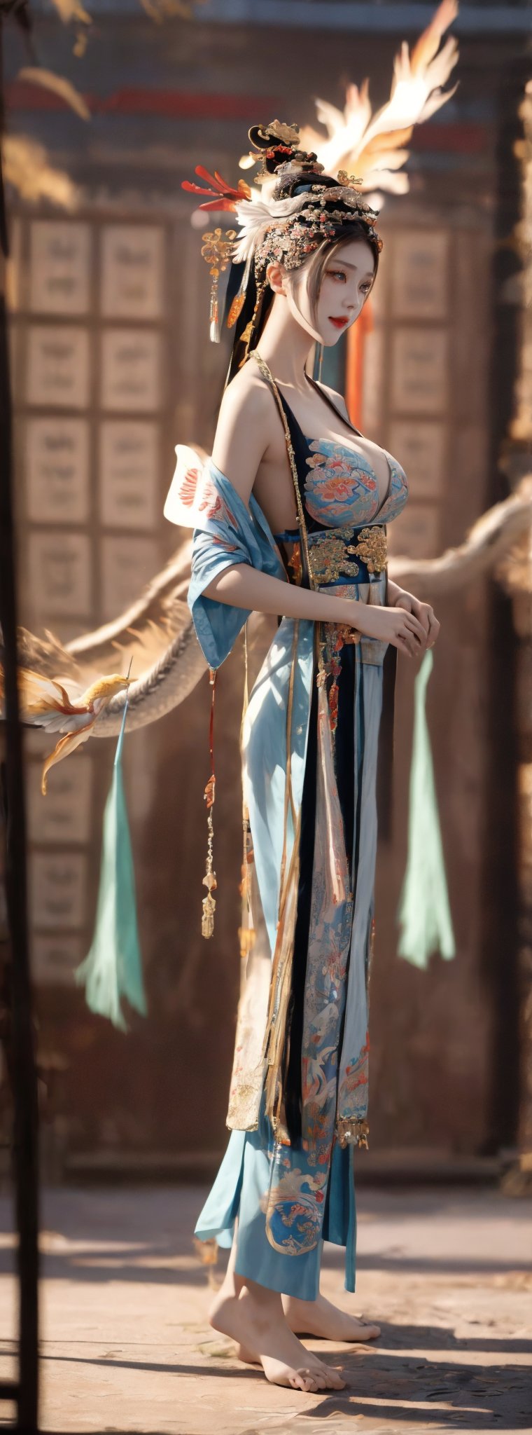 Realistic style, full body, side view, Tang Dynasty, China, on the stage of the ancient gorgeous theater, a 23-year-old Taiwanese beauty wears a Peking Opera actress's headdress, earrings, necklaces, bracelets, and a dark blue Peking Opera actress's short skirt made of top-quality silk Clothing (the clothing has exquisite white dragon and phoenix embroidery patterns), natural big breasts, bare feet, seductive smile, Peking Opera movements, panoramic view. (1girl: 1.4), (RAW photo, best quality), (real, photo real: 1.1), most Best Quality, Masterpiece, Beauty & Aesthetics, 16K, (HDR: 1.2), High Contrast, (Vivid Colors: 1.3), (Soft Colors, Dull Colors, Soothing Tone: 0), Cinematic Lights, Ambient Light, Side light, fine details and textures, cinematic shots, warm colors, (bright and intense: 1.1), wide angle shots, xm887, surreal illustration, Siena's natural proportions, silver hair, dynamic poses, body and hands The precise anatomy of four fingers and a thumb