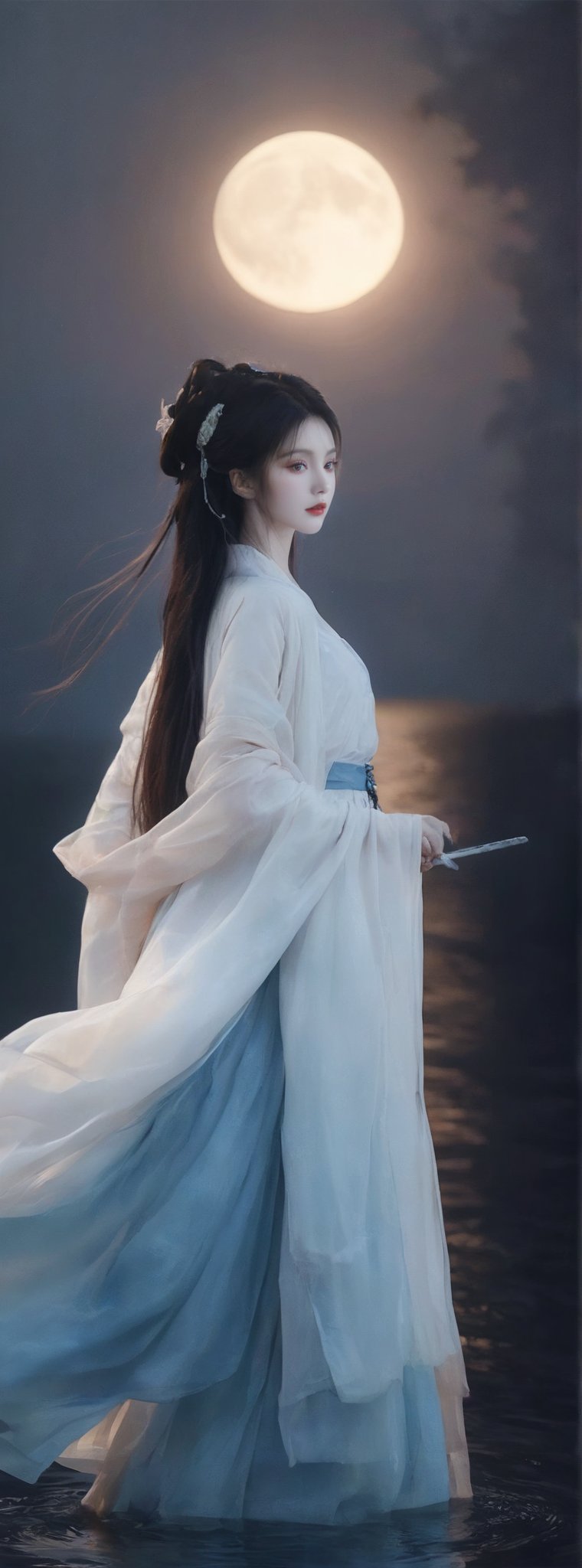 score_9, score_8_up, score_7_up, score_6_up, In the night sky, there is a bright blue moon, and the moonlight shines on the lake. A long-haired beauty wearing Hanfu and holding a sword stood by the lake. Chiaroscuro, beautiful human silhouette effect, moon focus