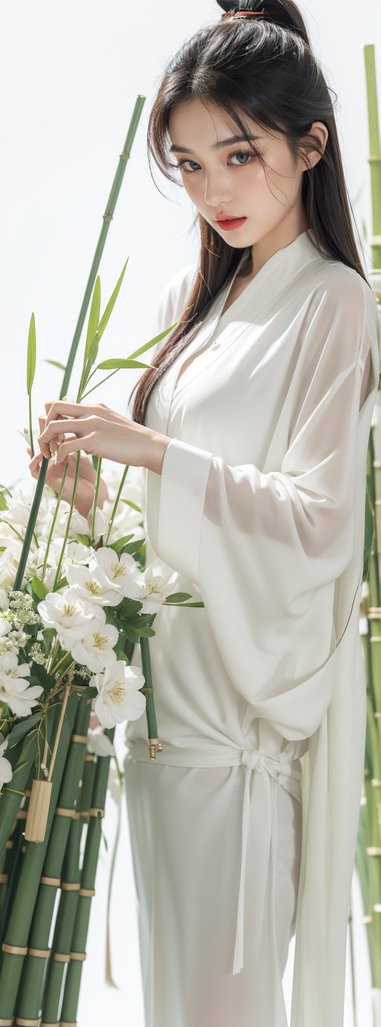 A young Taiwanese woman is making tea, on a pure white background with several bamboos, zen, splash ink effect