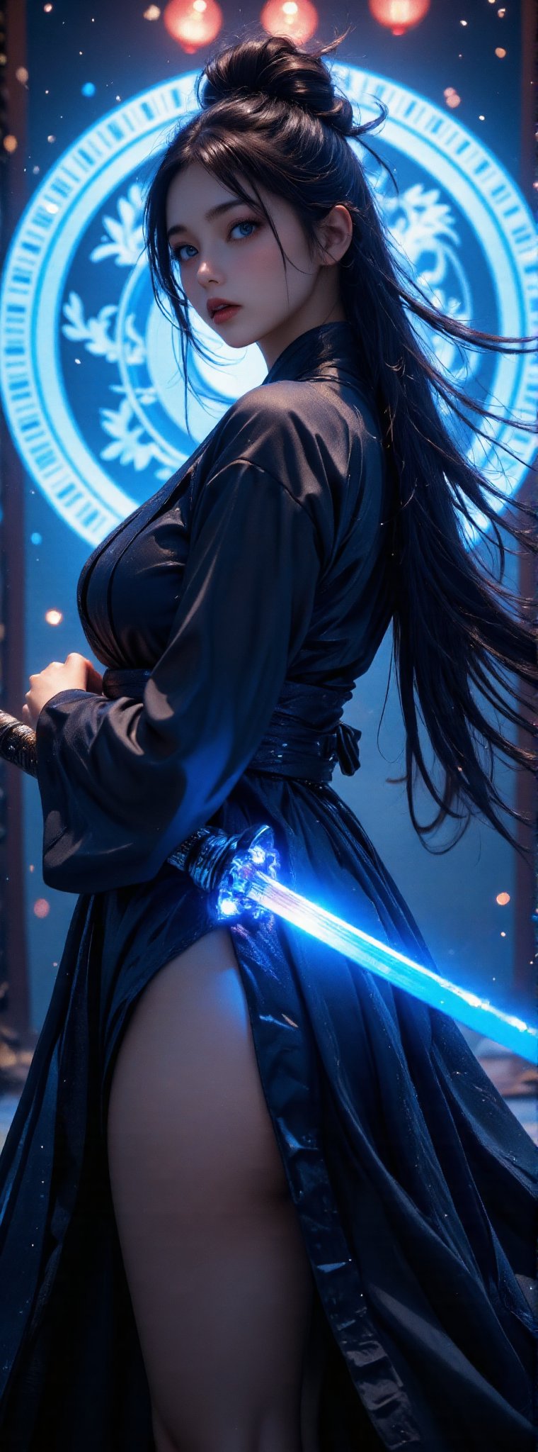 Score_9, score_8_up, score_7_up, A mystical scene unfolds as the ancient oriental young woman stands resolute, her long flowing hair cascading down her back like a dark waterfall. Her flawless figure and toned legs are accentuated by the flowing black Hanfu that drapes elegantly around her physique. Both hands grip the glowing blue sword with conviction, as if channeling ancient magic. In the background, an oriental magic circle radiates an otherworldly energy, its intricate patterns shimmering with a soft, ethereal glow. Movie special effects grade style.