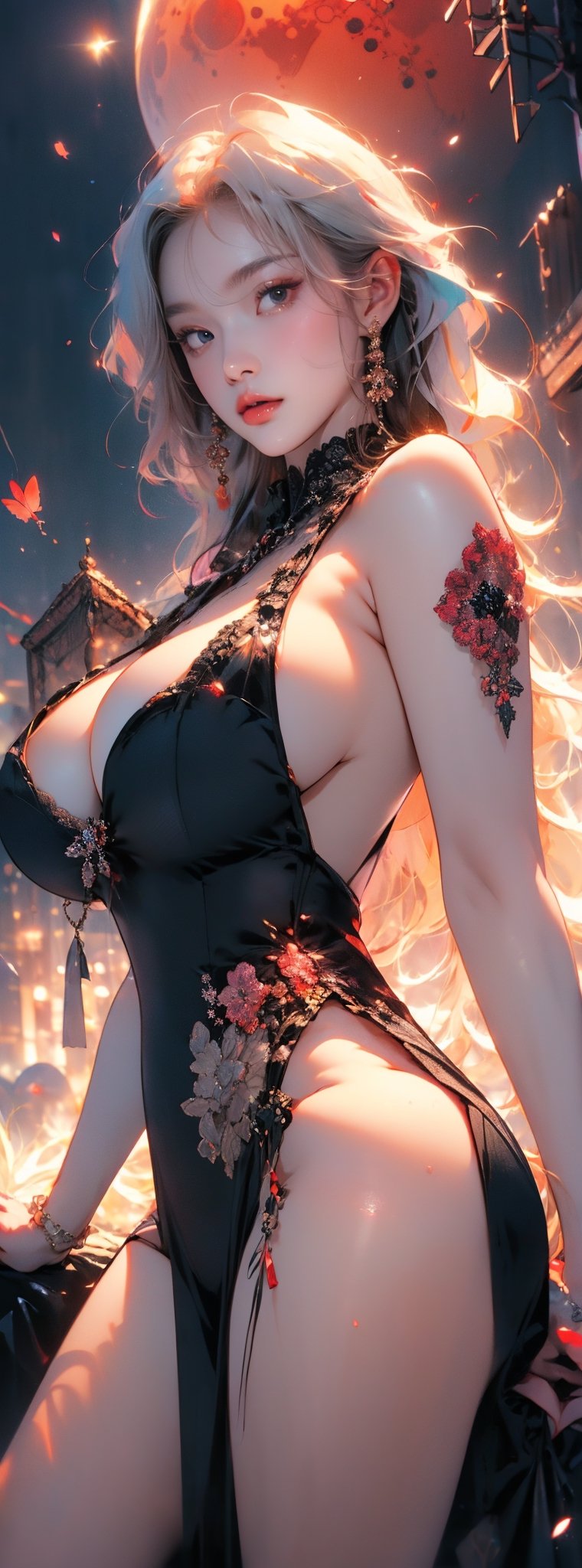 A Korean beauty with smoky makeup exposed her natural big breasts, like a surreal masterpiece of a female vampire. She was wearing a black and red dress, platinum blond hair, fair skin, and there was a huge blood moon behind her at night, like a cityscape in the twilight.