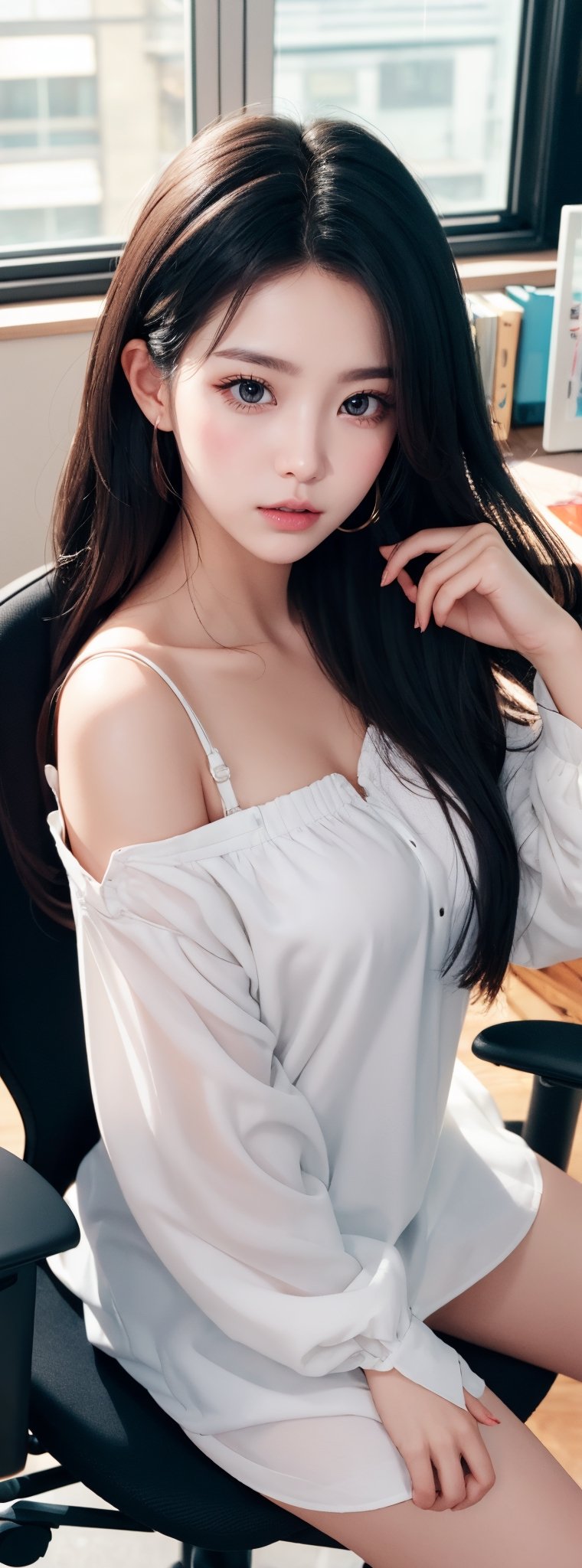 A beautiful Korean girl, wearing a white shirt, one shoulder, sitting on an office chair, holding her cheek with one hand, black super long hair, clear hair, tired expression, looking at the camera lazily, super wide angle, backlight, Light and dark effects, realistic style,