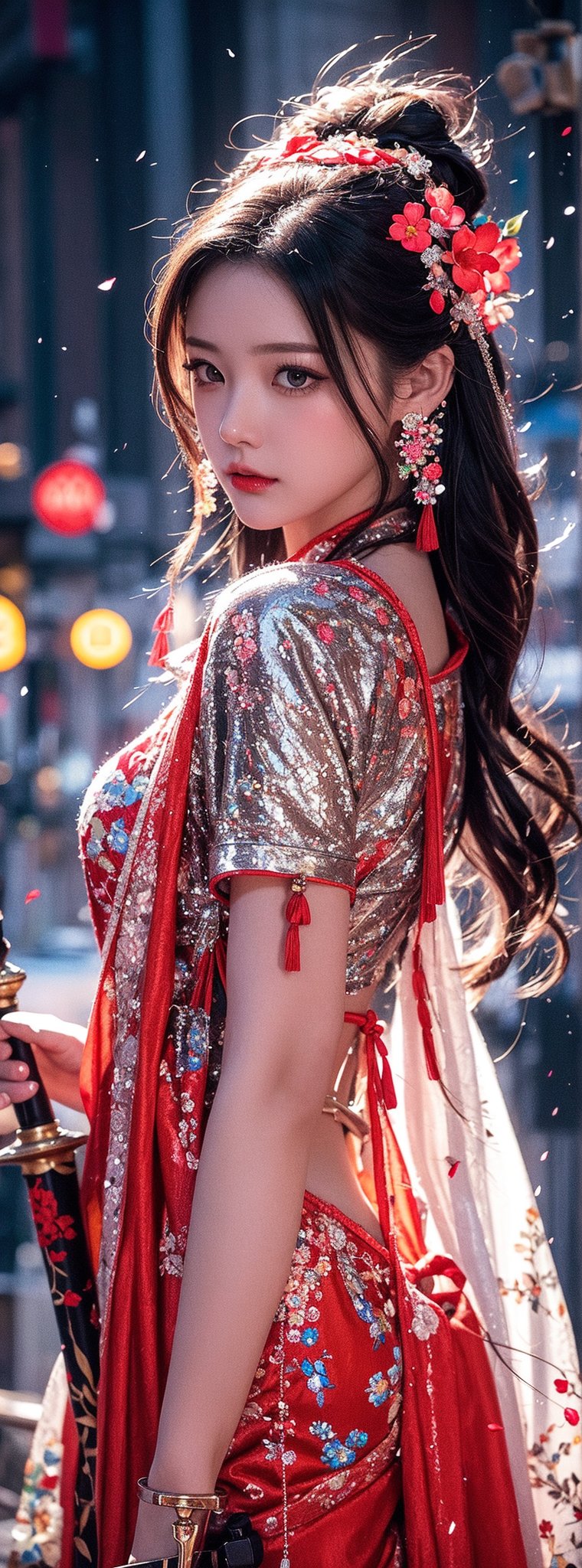 1girl, solo, long hair, black hair, hair ornament, dress, holding, jewelry, upper body, weapon, flower, earrings, sword, water, holding weapon, white dress, tree, petals, holding sword, chinese clothes, branch, falling petals. (1girl: 1.4), (Original, Best Quality), (Real, Photo: 1.1), Best Quality, Masterpiece, Beauty and Aesthetics, 16K, (HDR: 1.2), High Contrast, (Vivid Colors: 1.3) , (soft colors, dark colors, soothing tones: 0), cinematic light, ambient light, side light, fine details and textures, cinematic lenses, warm colors (bright and intense: 1.1), wide angle photography, xm887, surreal illustration, tin Jena's natural proportions, silver hair, dynamic pose, precise internal anatomy of the body and hand, four fingers and a thumb, 1 girl,Korean