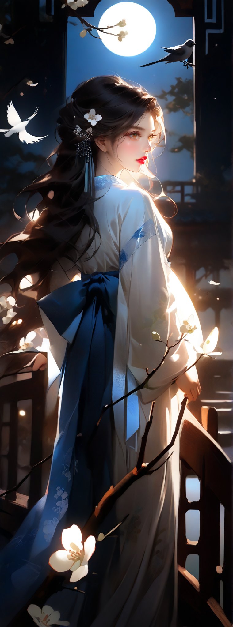 score_9, score_8_up, score_7_up, score_6_up, midnight. a 23-year-old Taiwanese long-haired beauty wearing white Hanfu. With a sad look on her face, she stood on a bridge formed by many magpies, she looked up at the moon which was glowing with blue light. There are several white pear flowers blooming on the branches. Chiaroscuro, beautiful human silhouette effect, moon focus