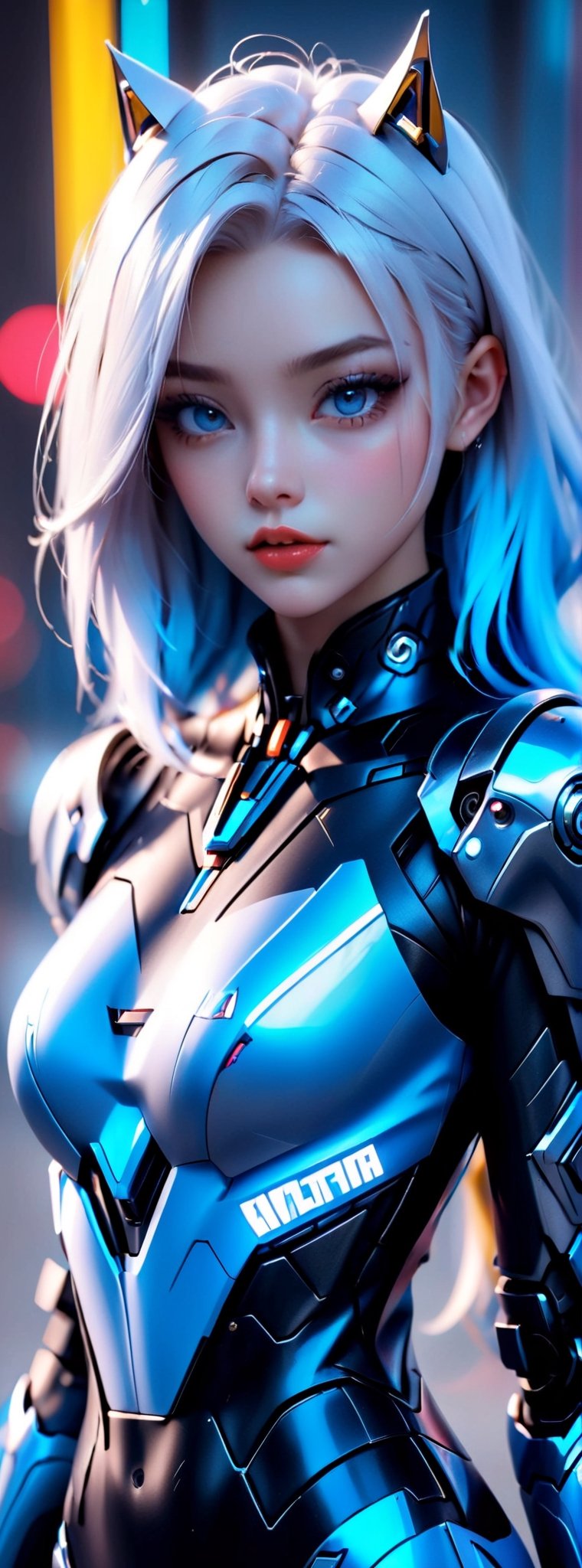 Best picture quality, high resolution, 8k, realistic, sharp focus, realistic image of elegant lady, Korean beauty, supermodel, pure white hair, blue eyes, wearing high-tech cyberpunk style blue Batgirl suit, radiant Glow, sparkling suit, mecha, perfectly customized high-tech suit, ice theme, custom design, 1 girl