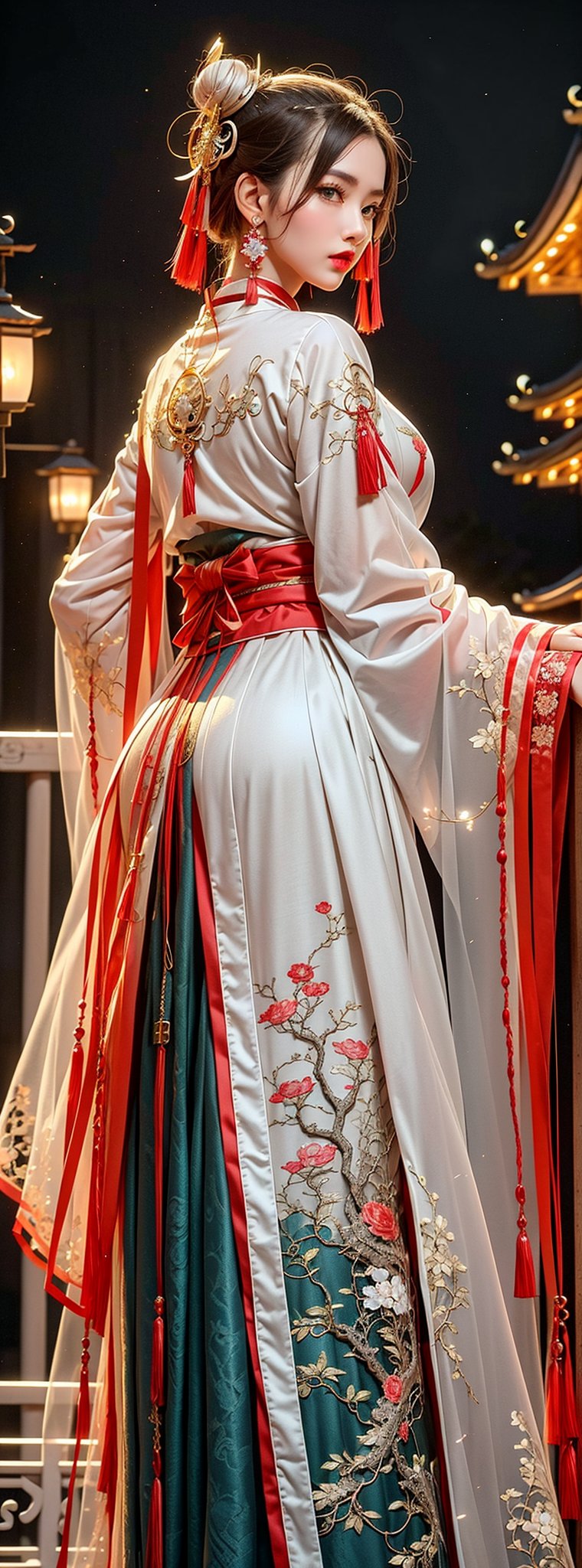 1girl, 23yo Taiwanese beauty, solo, cool, looking at viewer, brunette, hair accessory, long sleeves, holding, blue eyes, jewelry, closed mouth, standing, cowboy shot, earrings, outdoor, sky , looking back, clouds, from behind, nail polish, red lips, belt, night, glow, chain, forehead mark, gorgeous Hanfu, tassels, red nails, smoke, lantern, white python, magic, East Asian architecture, high bun, pagoda