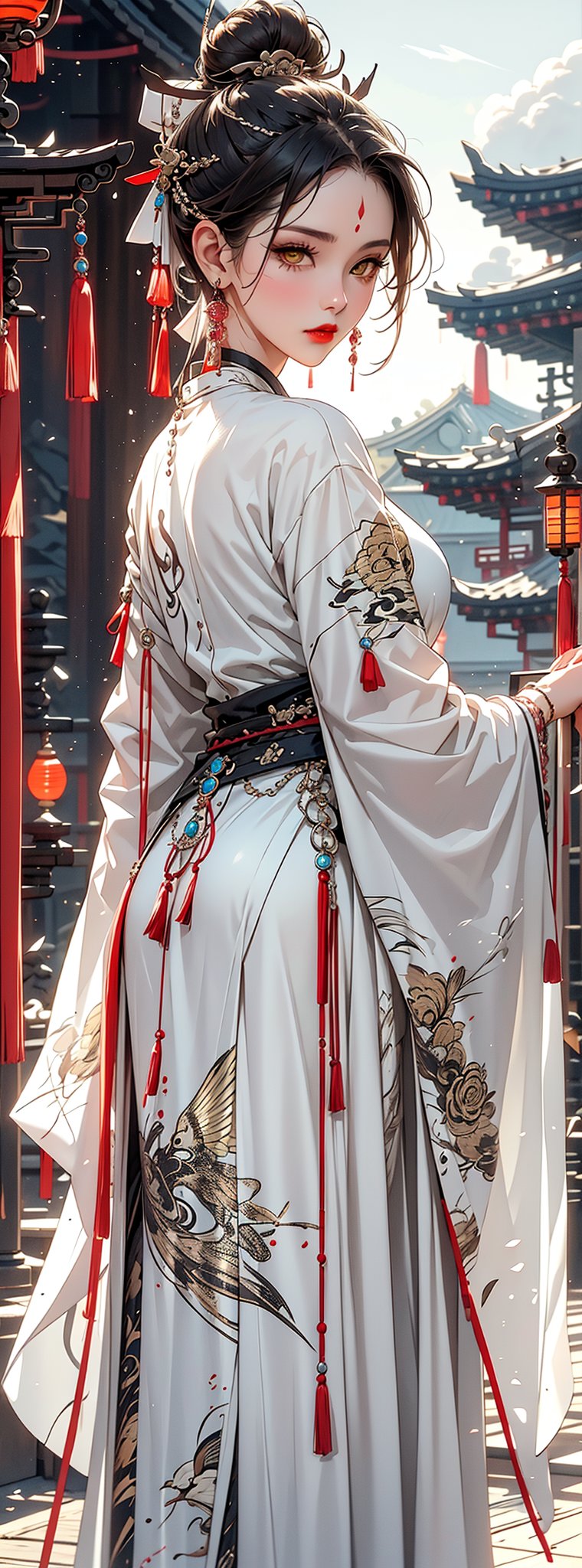 1girl, 23yo Taiwanese beauty, solo, cool, looking at viewer, brunette, hair accessory, long sleeves, holding, yellow eyes, jewelry, closed mouth, standing, cowboy shot, earrings, outdoor, sky , looking back, clouds, from behind, nail polish, red lips, belt, night, glow, chain, forehead mark, Hanfu, tassels, red nails, smoke, lantern, white python, magic, East Asian architecture, high bun, pagoda