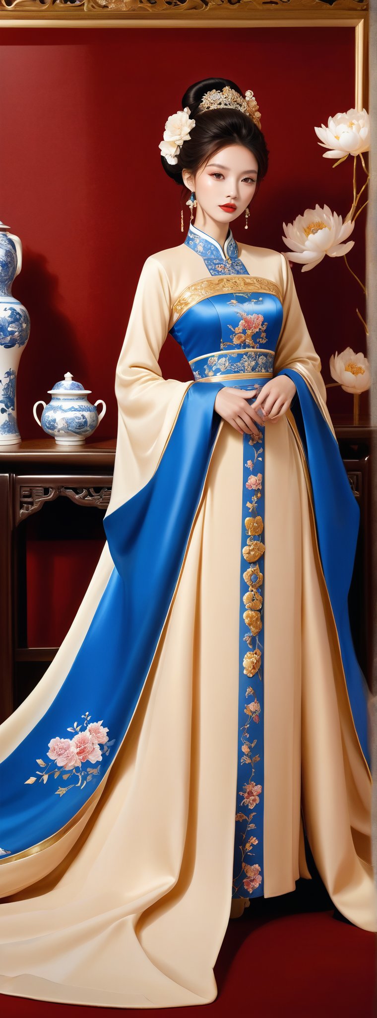 Score_9, score_8_up, score_7_up, score_6_up, Ceramic material, beige gold tone, a 23-year-old Chinese beauty with an elegant and leisurely face, standing near a gorgeous single baroque sofa with a blue background and gold edges. Her outfit is predominantly white with navy blue trim and detailed with a detailed peony pattern. Her perfect long legs were exposed, and there was a blue and white porcelain teapot and teacup on the table next to the chair, indicating that this was a tea party. The floor beneath her feet was strewn with pearls and red beads. Directly behind the background is a gold-framed Chinese painting, and ornate interior decoration surrounds the central figure, adding to the luxurious feel of the scene.