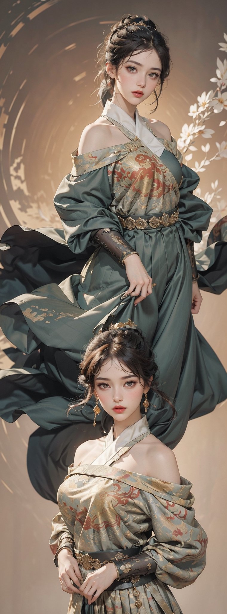 (Extremely detailed CG unified 8k wallpaper), ANCIENT_CHINESE_CASTLE_GARDEN_BACKGROUND, (((Masterpiece))), (((Best Quality))), ((Super Detailed)), (Best Illustration), (Best Shading), ( (Extremely exquisite and beautiful)), embodying the charm of ancient princesses, exuding beauty, sexiness and charm, with natural big breasts. Mesmerizing eyes convey mystery and seduction. Elegant and charming, with a slender figure and full of mystery. Off the shoulders, low cut. Ancient traditional Hanfu decorated with intricate patterns or ornate details. Seductive and elegant pose, beautyniji,renaissance