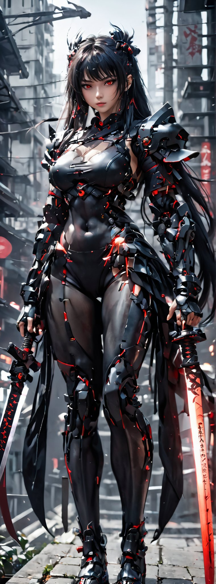 1girl, solo, cool, long black hair, huge natural breasts, looking at viewer, red eyes, very long hair, standing, outdoors, long red glowing katana, holding weapon, blurred background ,from the side, looking at the side, black mecha tights, night, depth of field, blurred background, hand sheath, railings, mecha elements, cyberpunk,