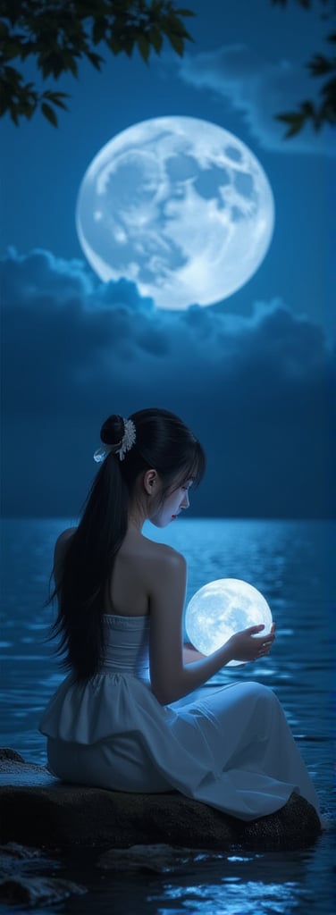 Score_9, score_8_up, score_7_up, score_6_up, A serene scene unfolds under the veil of midnight. A ravishing woman, adorned in traditional Hanfu, sits beside a tranquil body of water, her long locks gently rustling in the night breeze. As she cradles the full moon in her hands, its radiant blue glow illuminates her porcelain skin, casting an ethereal chiaroscuro effect that highlights the contours of her beautiful human silhouette. The focus remains steadfast on the majestic moon, as if it's the very essence of her being.