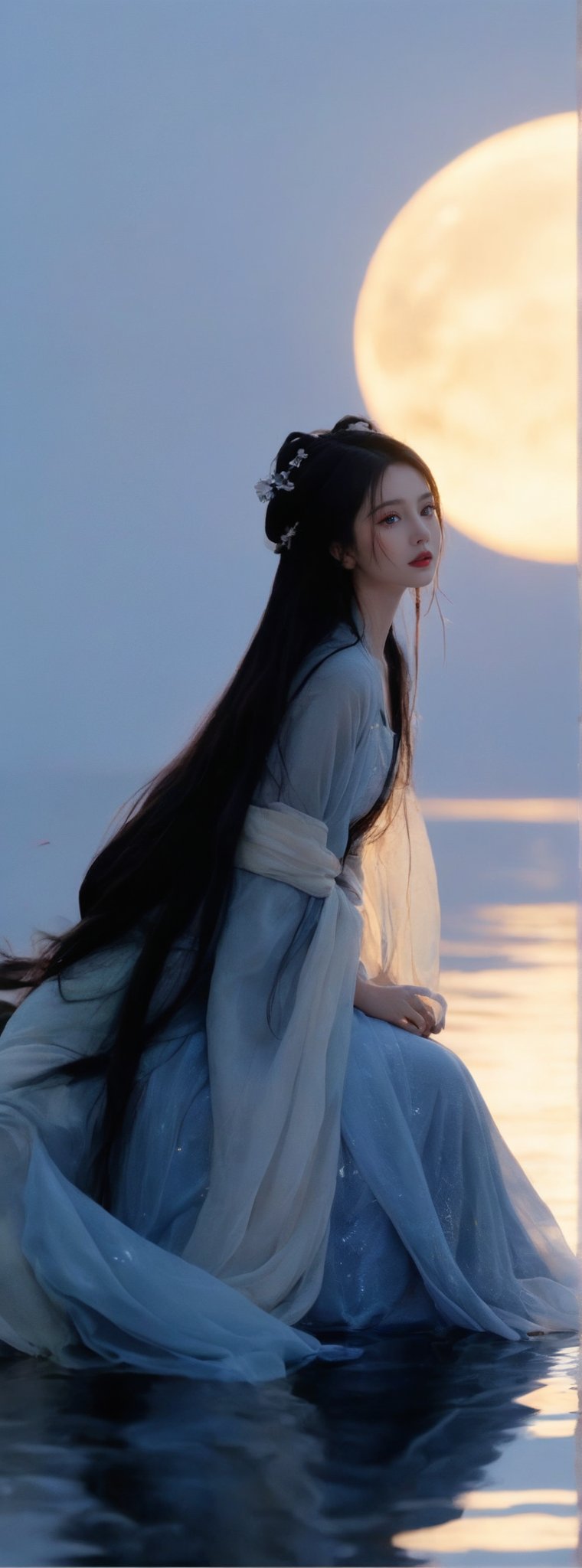 score_9, score_8_up, score_7_up, score_6_up, midnight. A long-haired beauty in Hanfu sat by the water, playing with the bright moon in her hands, which glowed with blue light. Chiaroscuro, beautiful human silhouette effect, moon focus